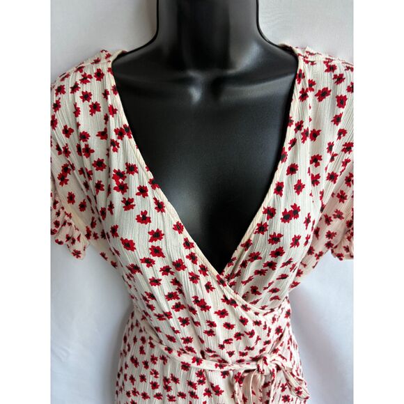 Billabong Wrap and Roll Dress White Red Mini Floral Ruffle Hem Size M Romantic - Picture 3 of 12